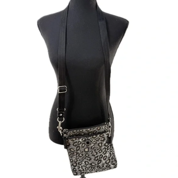 Coach Ocelot Leopard Print Crossbody Bag with Compact Wallet Black/Silver Fabric - Picture 14 of 17